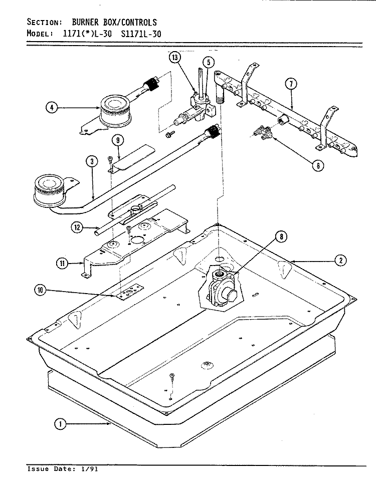 BURNER BOX Diagram and Parts List for 1171WL-30  Admiral Cooktop