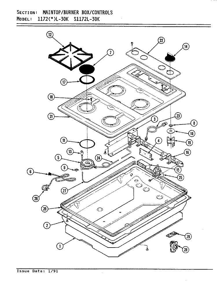 TOP ASSEMBLY Diagram and Parts List for 1172AL-30K  Admiral Cooktop