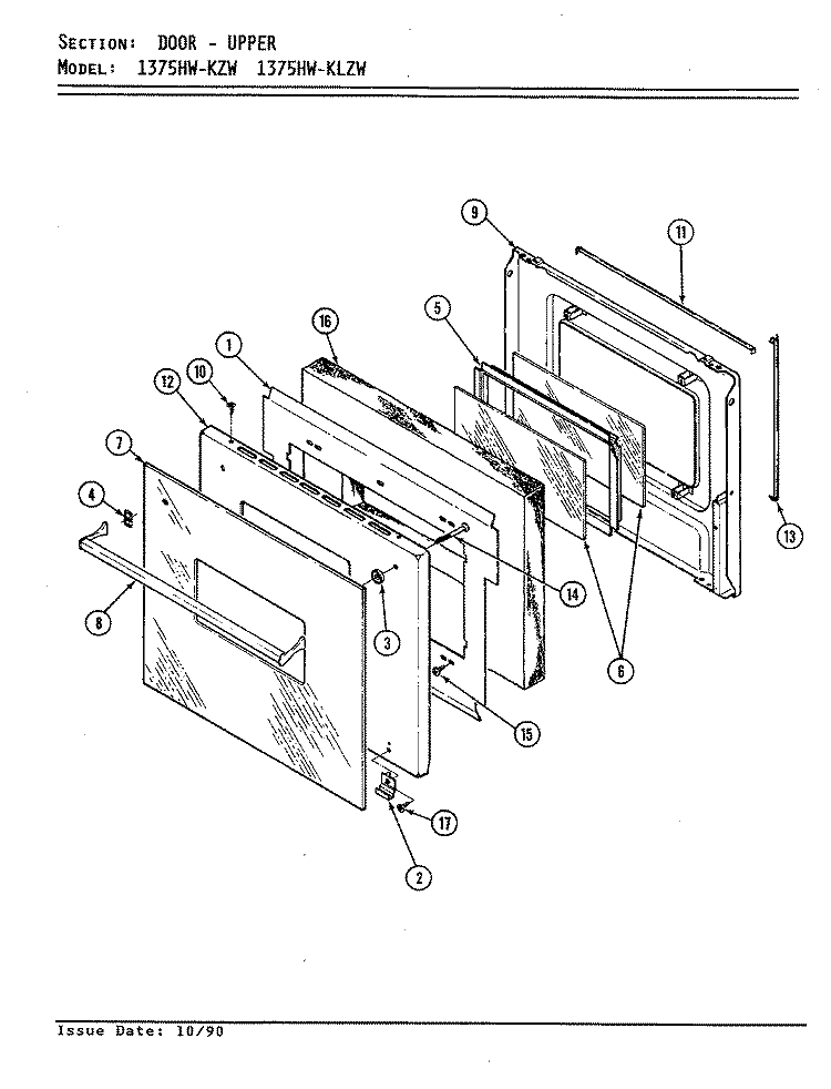 DOOR (UPPER) Diagram and Parts List for 1375HW-KLZW  Admiral Wall Oven