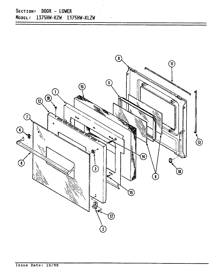 DOOR (LOWER) Diagram and Parts List for 1375HW-KLZW  Admiral Wall Oven