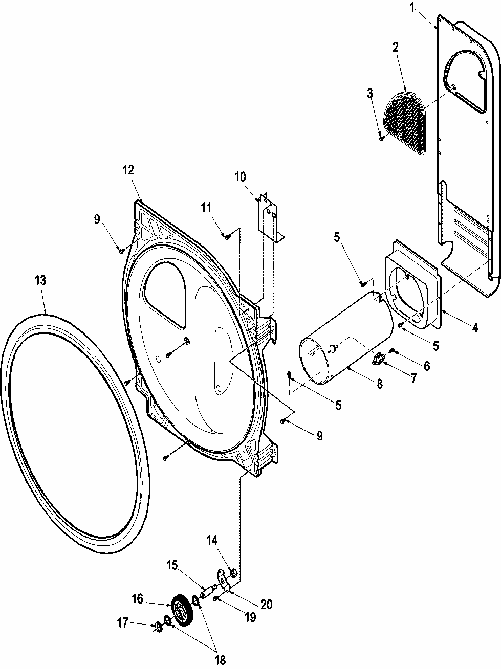 R Bulkhead, Seal, Rollers, And Air Duct Diagram and Parts List for LGD65AW-PLGD65AW  Amana Dryer