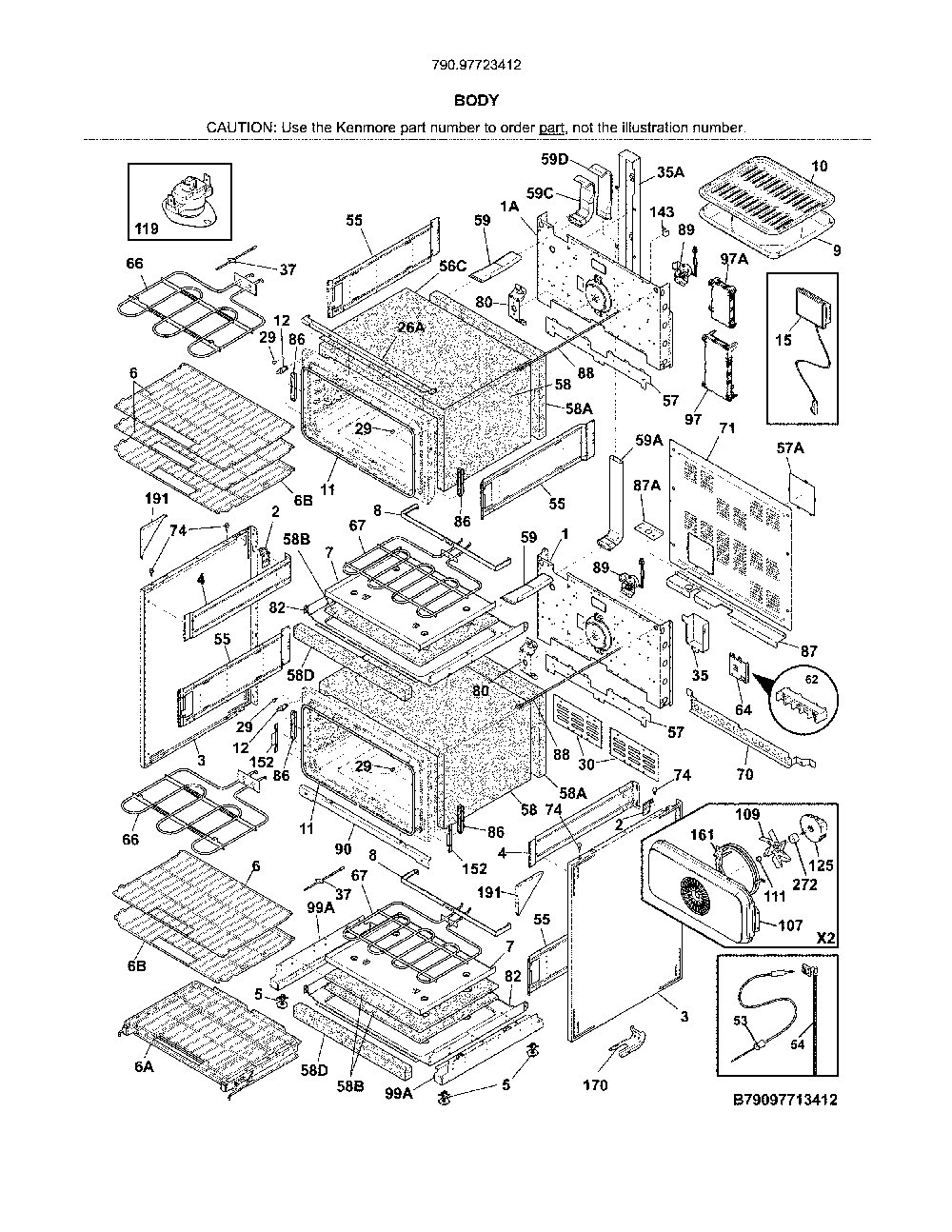 Body Diagram and Parts List for 79097723412  Kenmore Range