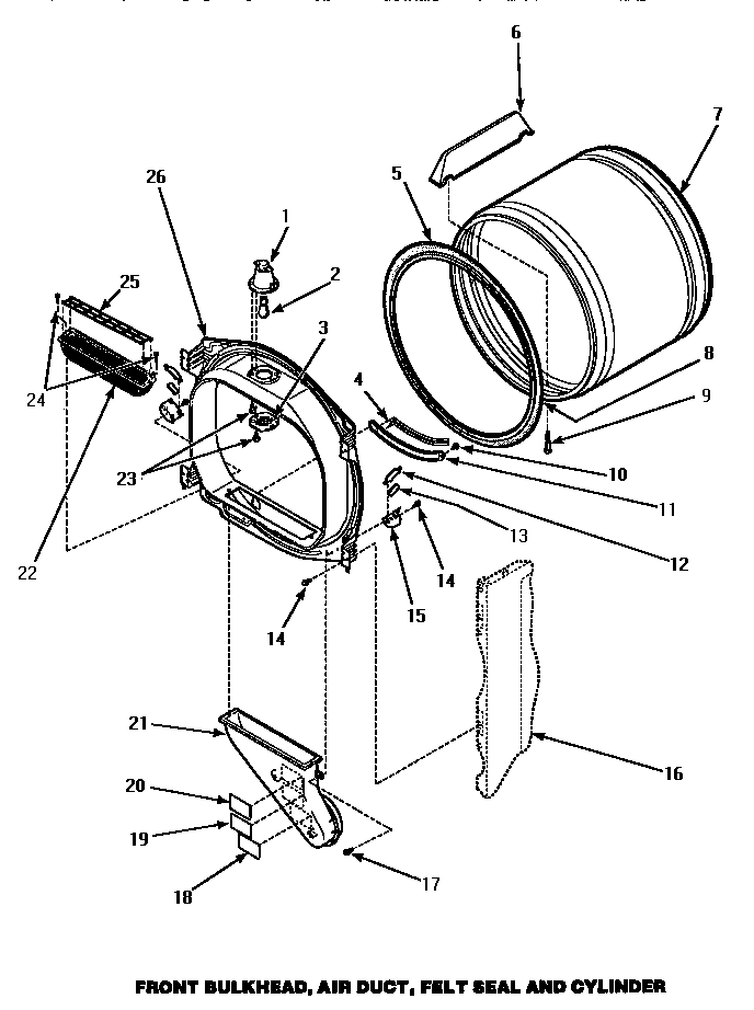 Front Bulkhead, Air Duct, Felt Seal & Cylinder Diagram and Parts List for LG4509W P1163612WW Amana Dryer