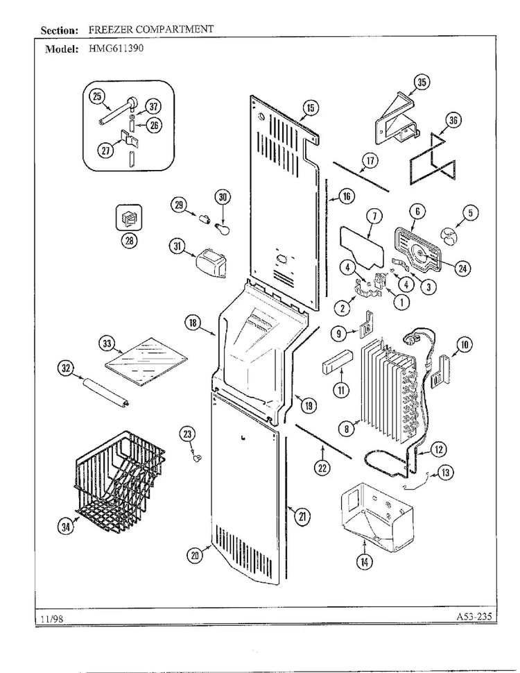 Freezer Compartment Diagram and Parts List for HMG611390  Admiral Refrigerator