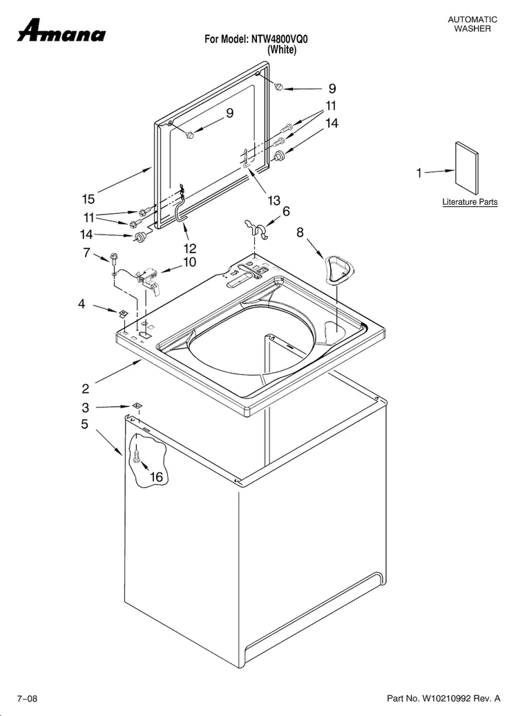 Top And Cabinet Parts Diagram and Parts List for NTW4800VQ0  Amana Washer