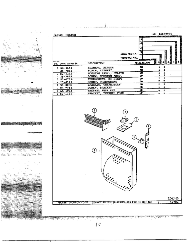 Heater Diagram and Parts List for LNC7759A77  Maytag Dryer