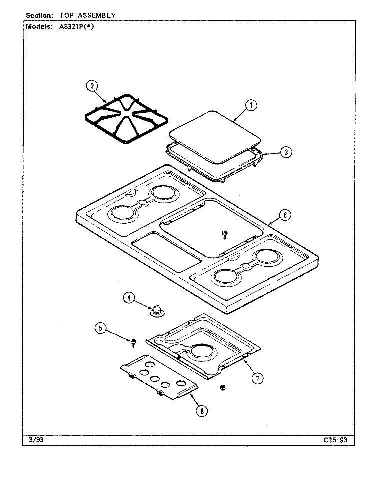 TOP ASSY. Diagram and Parts List for A8321PW  Admiral Cooktop