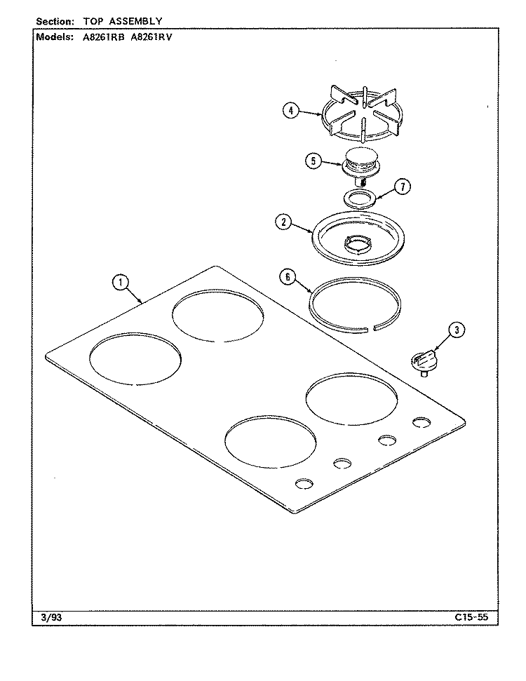TOP ASSY. Diagram and Parts List for A8261RB  Admiral Cooktop