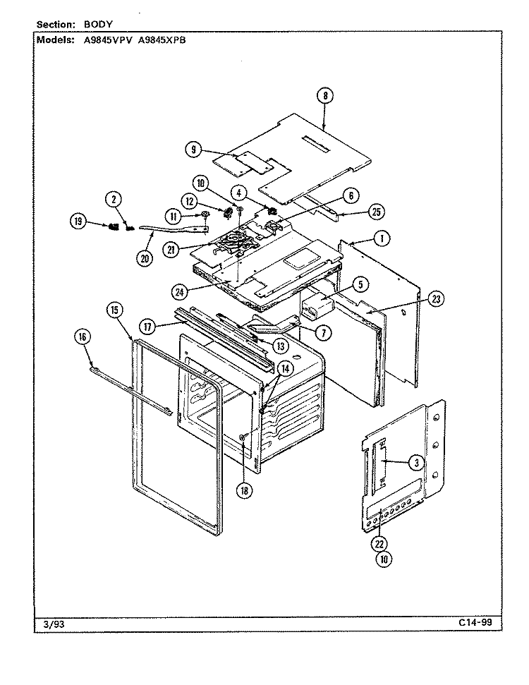 BODY Diagram and Parts List for A9845VPV  Admiral Wall Oven