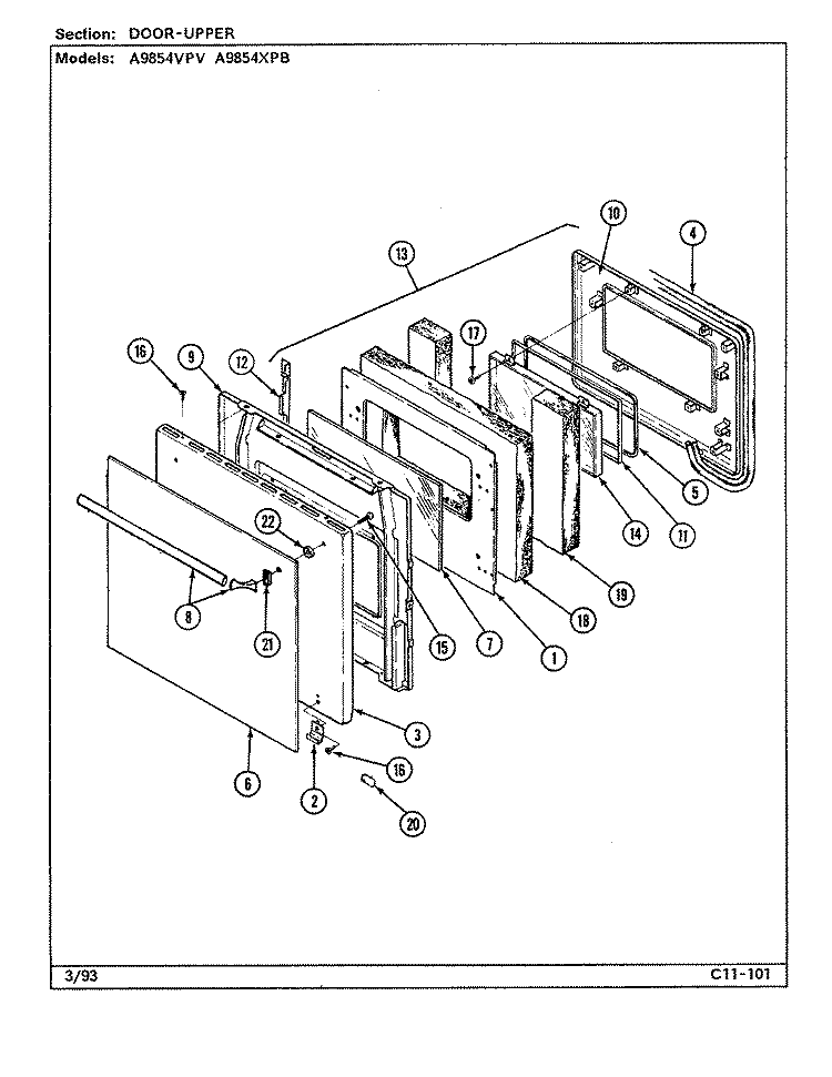 DOOR (UPPER) Diagram and Parts List for A9854XPB  Admiral Wall Oven