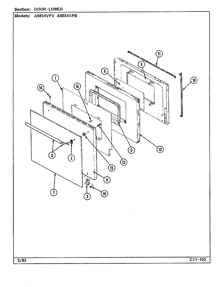 DOOR (LOWER) Diagram and Parts List for A9854XPB  Admiral Wall Oven