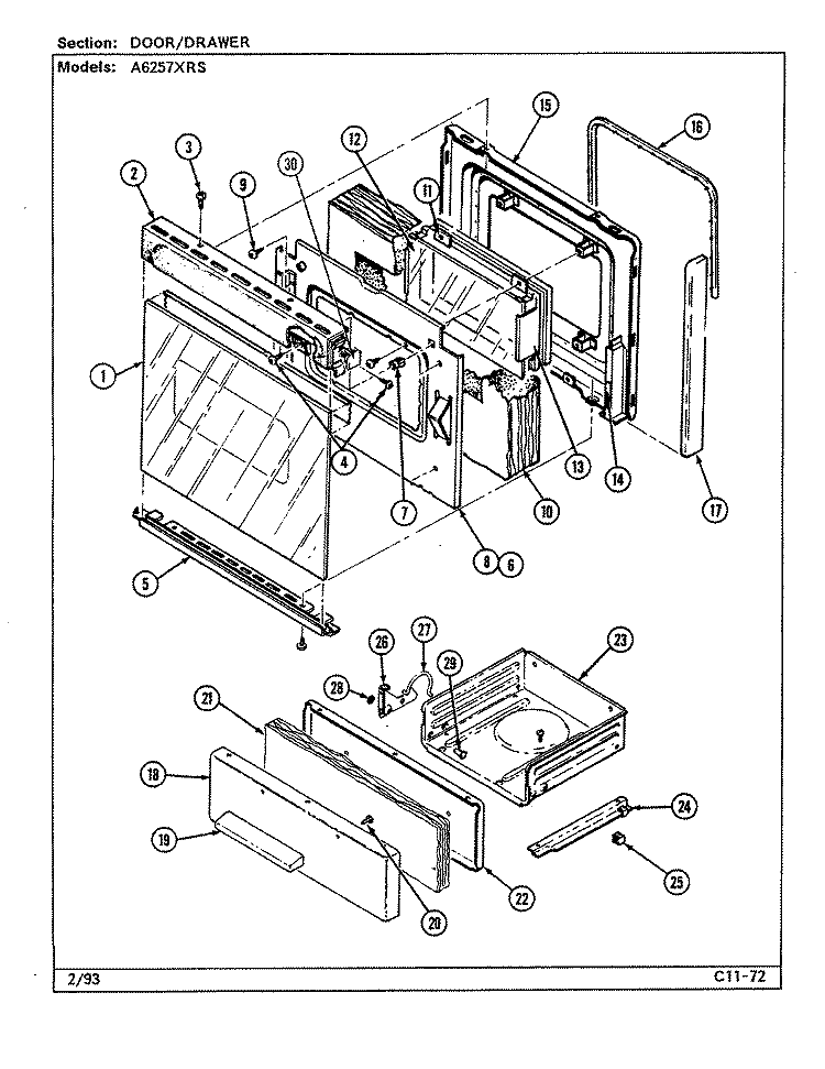 DOOR / DRAWER Diagram and Parts List for A6257XRS  Admiral Range