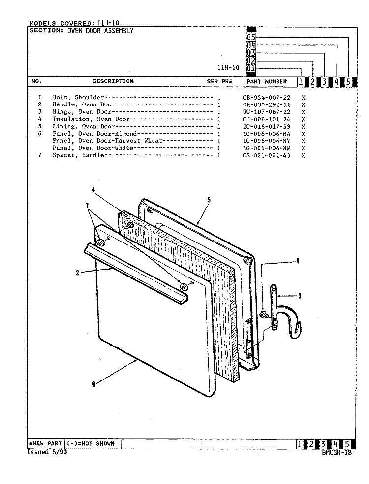 OVEN DOOR ASSEMBLY Diagram and Parts List for 11HA-10  Magic Chef Range