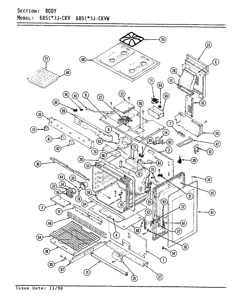 BODY Diagram and Parts List for 685AJ-CKVW  Admiral Range