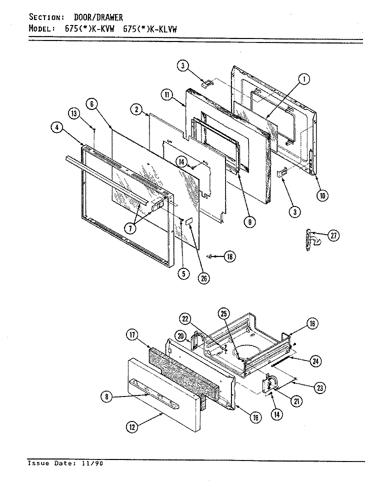 DOOR / DRAWER Diagram and Parts List for 675AK-KVW  Admiral Range