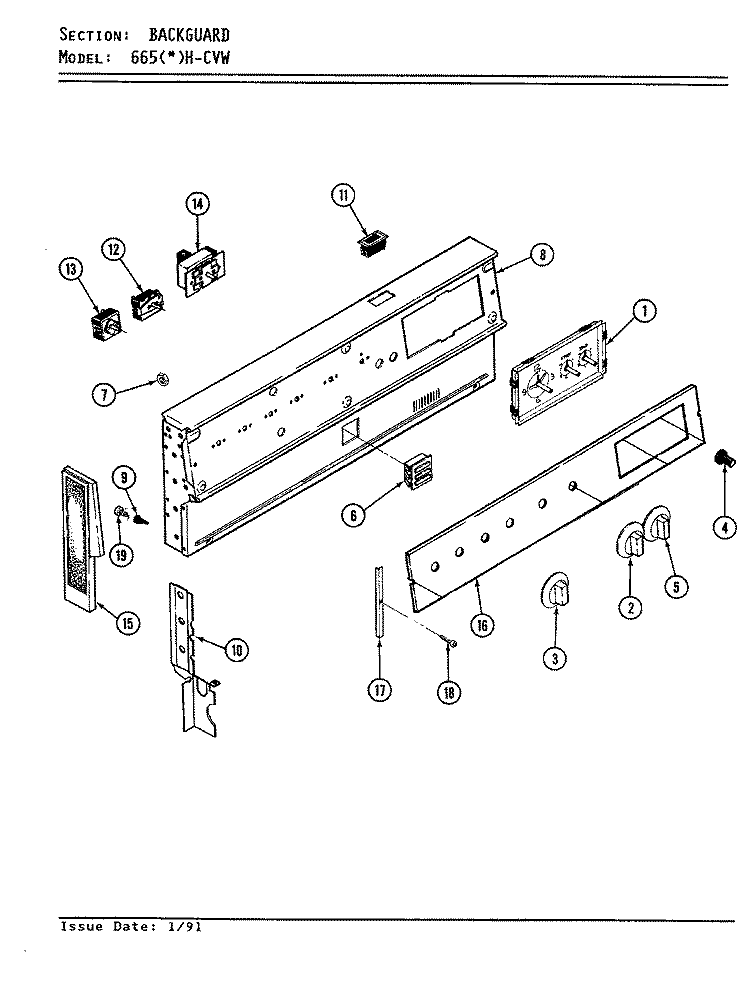 CONTROL PANEL Diagram and Parts List for 665WH-CVW  Admiral Range