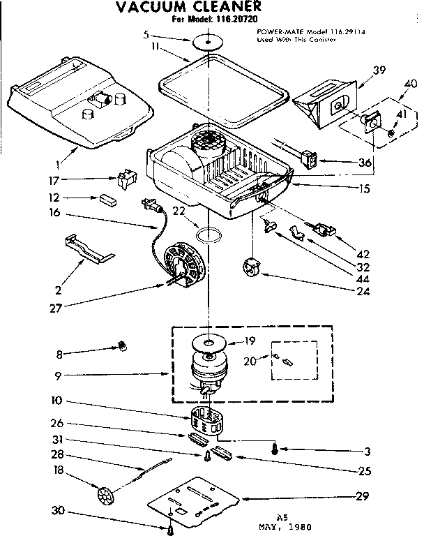 Base Assembly Diagram and Parts List for 11620720  Kenmore Canister Vacuum