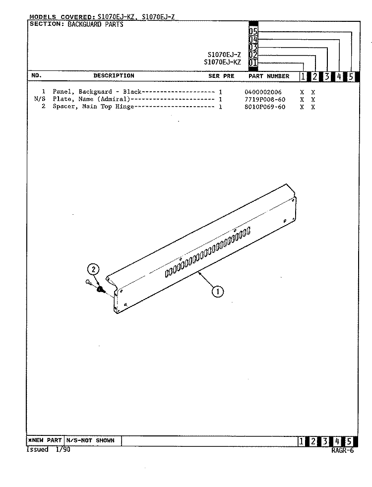 CONTROL PANEL Diagram and Parts List for S1070EJ-Z  Admiral Range