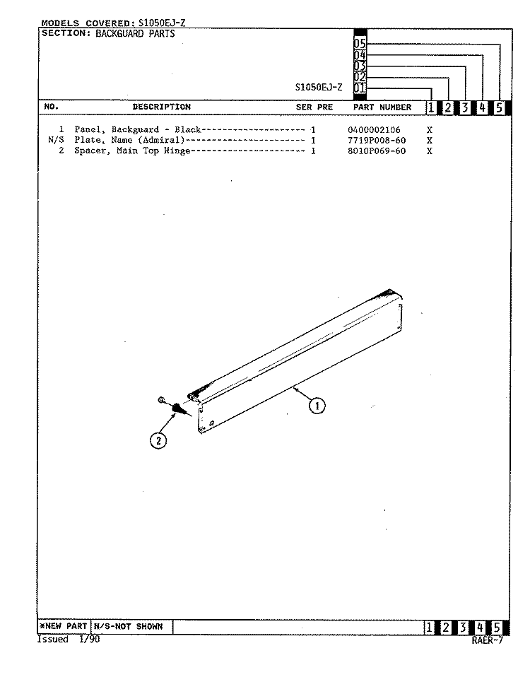 CONTROL PANEL Diagram and Parts List for S1050EJ-Z  Admiral Range