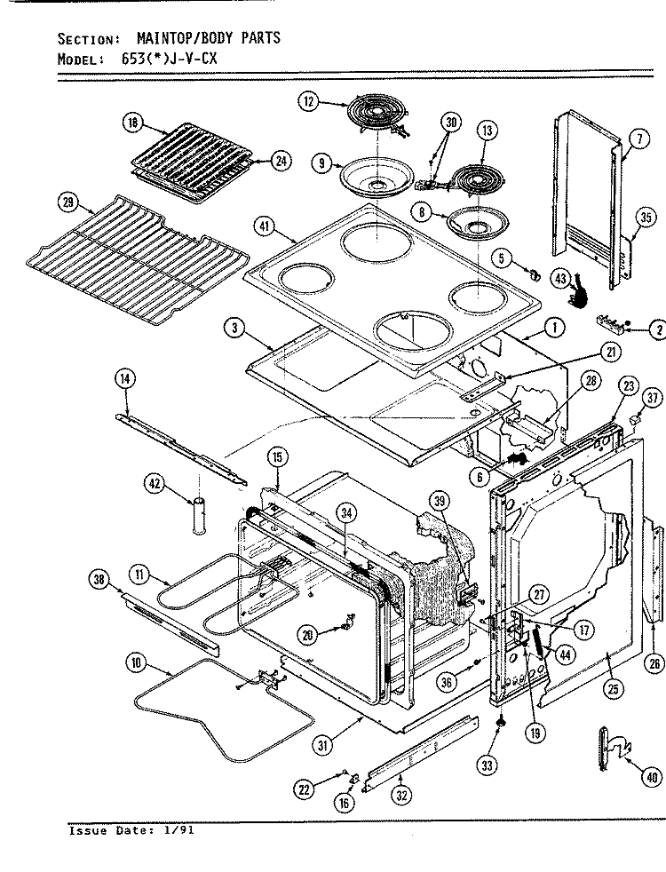 TOP ASSEMBLY Diagram and Parts List for 653WJ-V-CX  Admiral Range