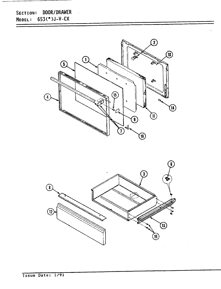 DOOR / DRAWER Diagram and Parts List for 653WJ-V-CX  Admiral Range