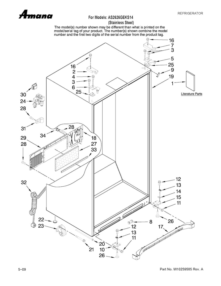 Cabinet Parts Diagram and Parts List for AS2626GEKS14  Amana Refrigerator