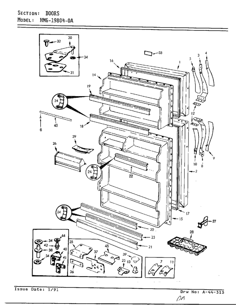 Doors Diagram and Parts List for 19804-0A  Admiral Refrigerator