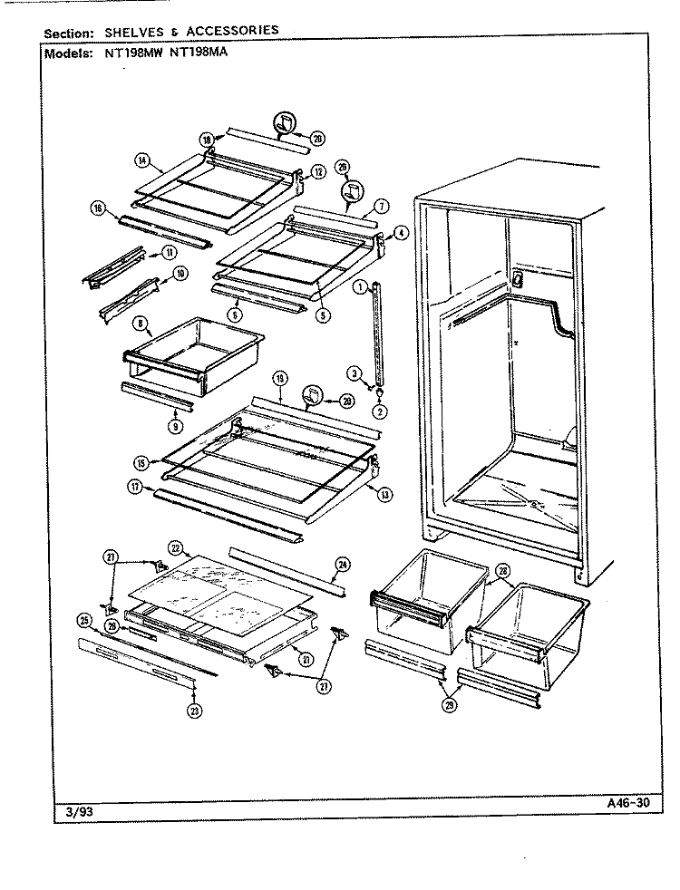 SHELVES & ACCESSORIES Diagram and Parts List for NT198MW DE57A Norge Refrigerator