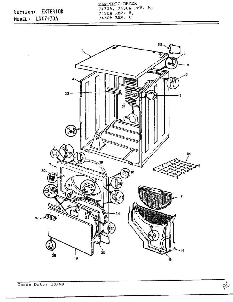 Exterior Diagram and Parts List for 7430A REV D Norge Dryer
