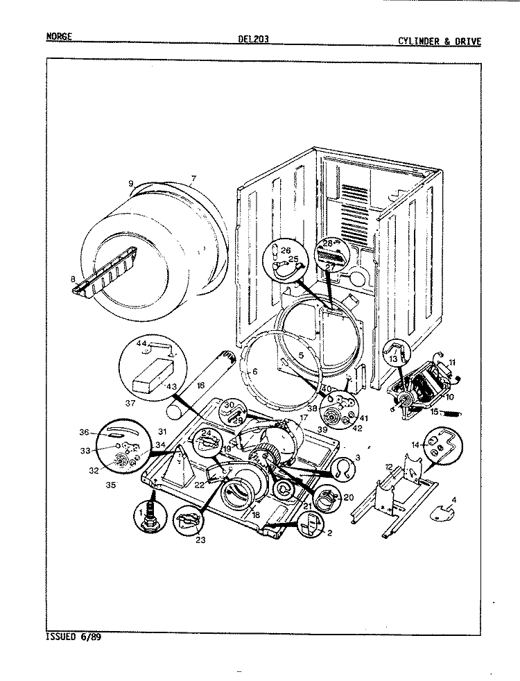 CYLINDER & DRIVE (REV.E - G) Diagram and Parts List for DEL203W  Norge Dryer