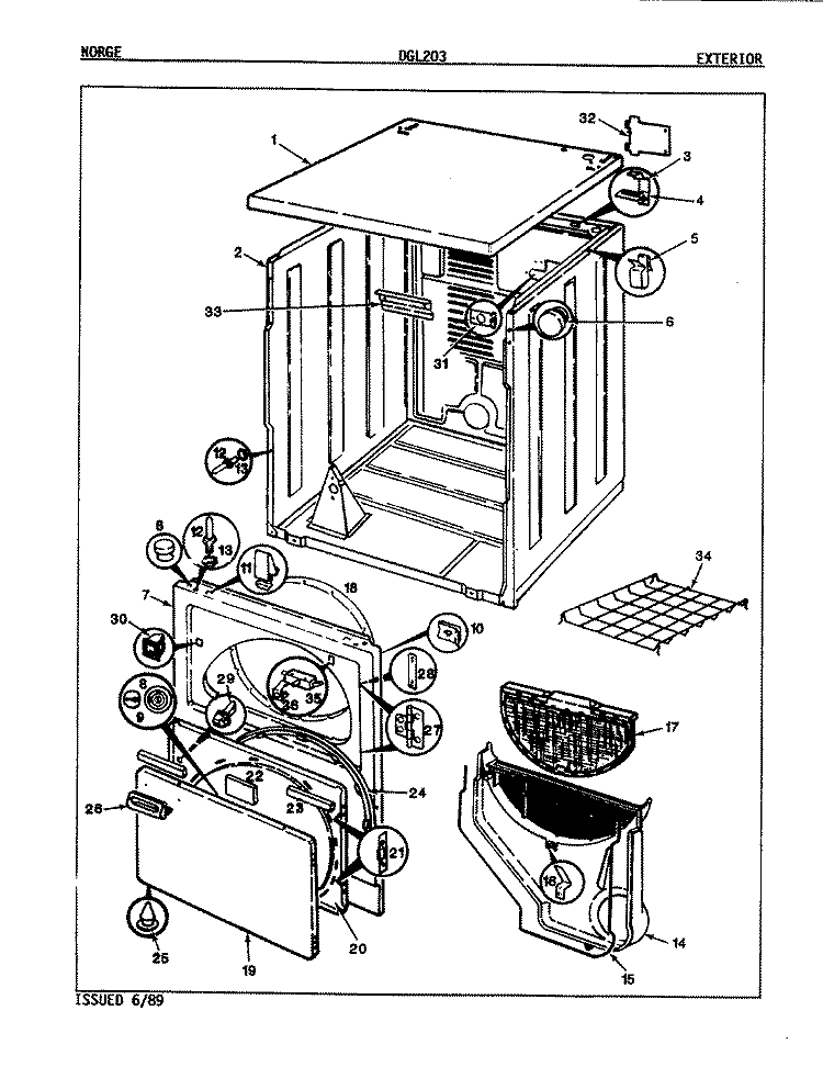 EXTERIOR (REV. E - G) Diagram and Parts List for DGL203W  Norge Dryer