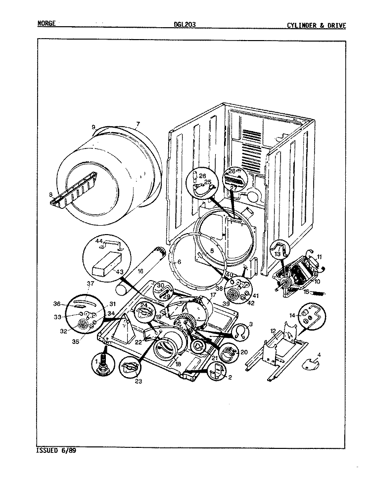 CYLINDER & DRIVE (REV.E - G) Diagram and Parts List for DGL203W  Norge Dryer