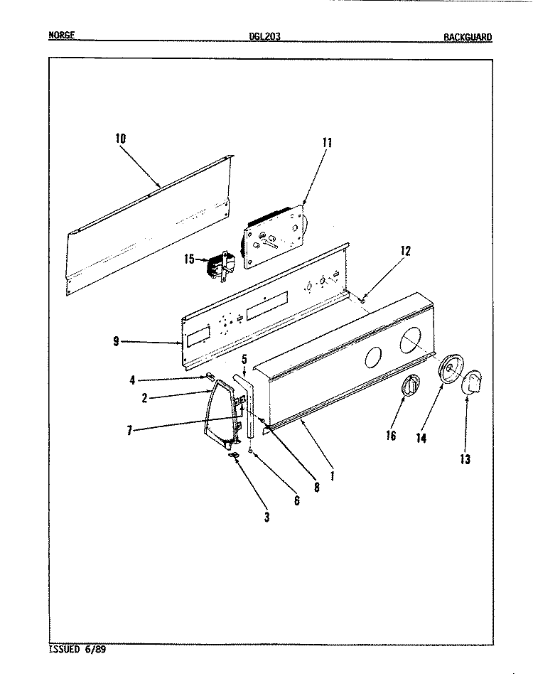 CONTROL PANEL (REV. E - G) Diagram and Parts List for DGL203W  Norge Dryer