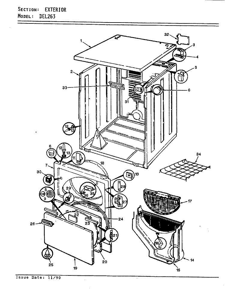 EXTERIOR (REV. A - D) Diagram and Parts List for DEL263W  Norge Dryer