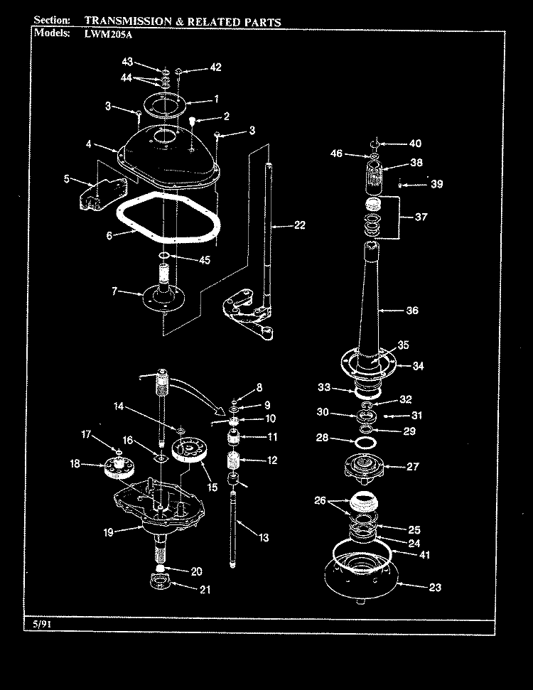 TRANSMISSION & RELATED PARTS (ALM) Diagram and Parts List for LWM205A  Amana Washer