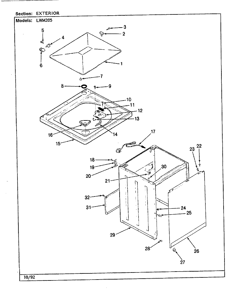 EXTERIOR (REV. A - E) Diagram and Parts List for LWM205W  Amana Washer