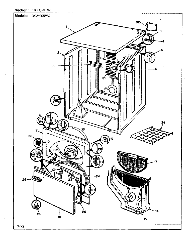 EXTERIOR (REV. A) (WHT) Diagram and Parts List for DGM205WC  Norge Dryer