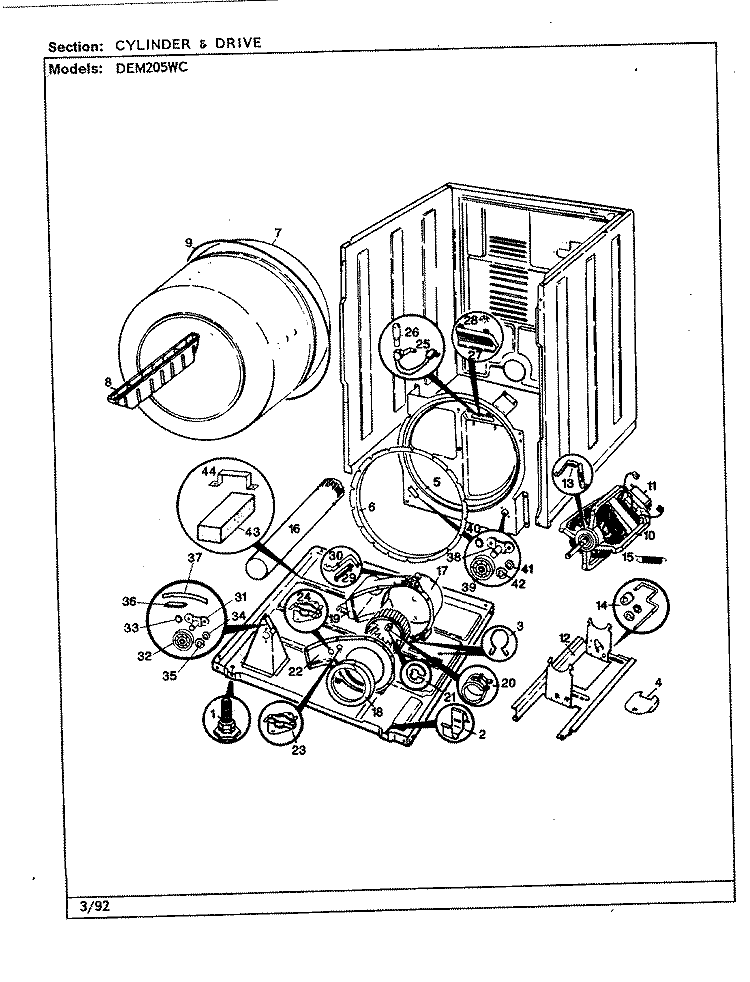 CYLINDER & DRIVE Diagram and Parts List for DEM205WC  Norge Dryer