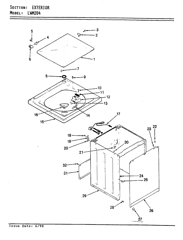 EXTERIOR (REV. E - F) Diagram and Parts List for LWM204W  Amana Washer