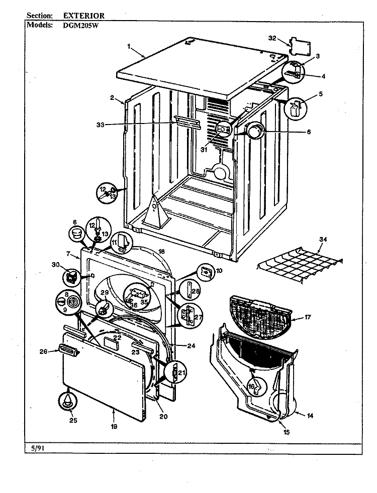EXTERIOR (WHT) Diagram and Parts List for DGM205W  Norge Dryer