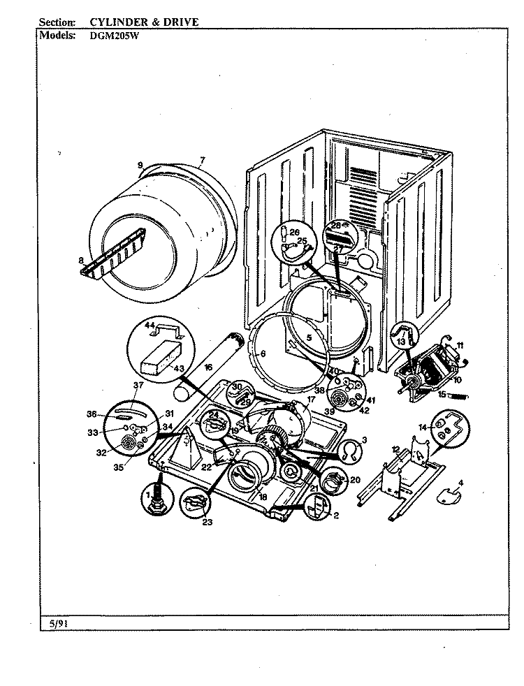 CYLINDER & DRIVE (WHITE) Diagram and Parts List for DGM205W  Norge Dryer