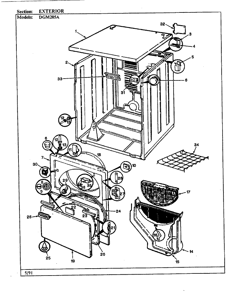 EXTERIOR (REV. A - D) (ALM) Diagram and Parts List for DGM205A  Norge Dryer