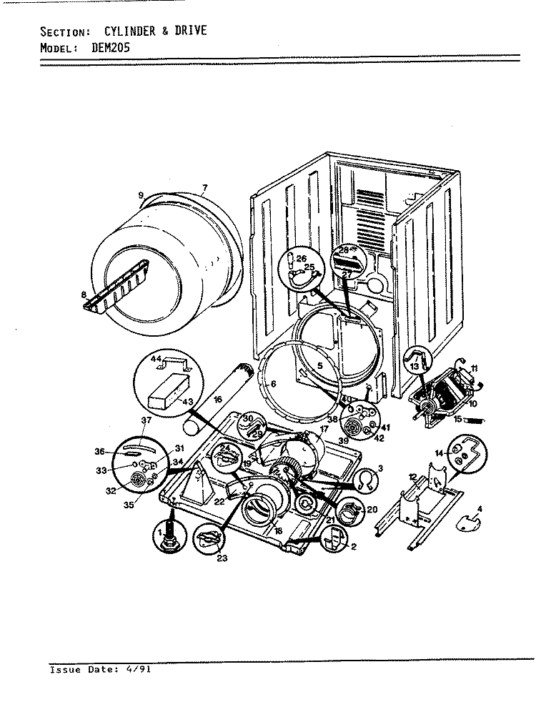 CYLINDER & DRIVE (WHT) (ORIG. - REV. A - D) Diagram and Parts List for DEM205W  Norge Dryer