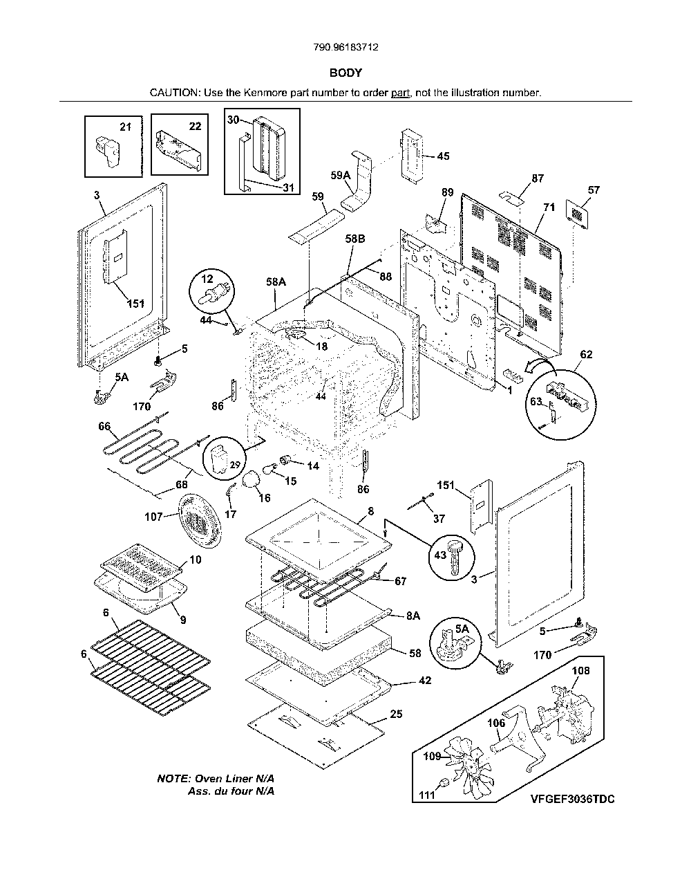 Body Diagram and Parts List for 79096183712  Kenmore Range
