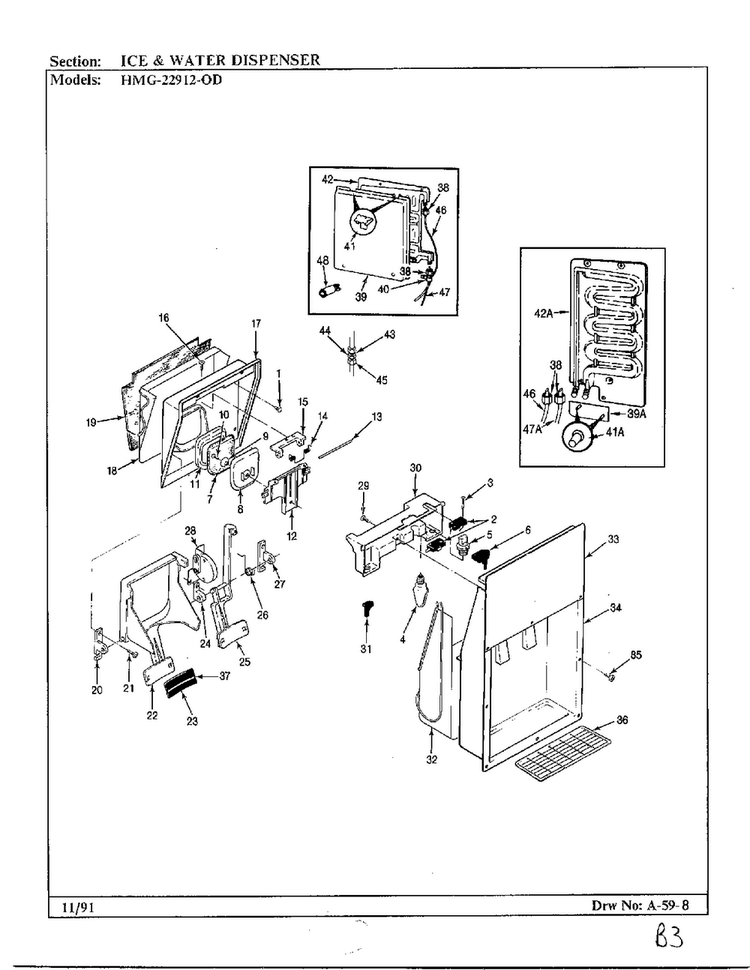 Ice And Water Dispenser Diagram and Parts List for HMG-22912-0C  Admiral Refrigerator