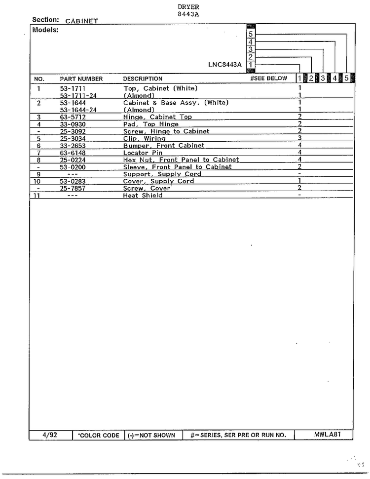 Cabinet Page 2 Diagram and Parts List for 8443A  Norge Dryer