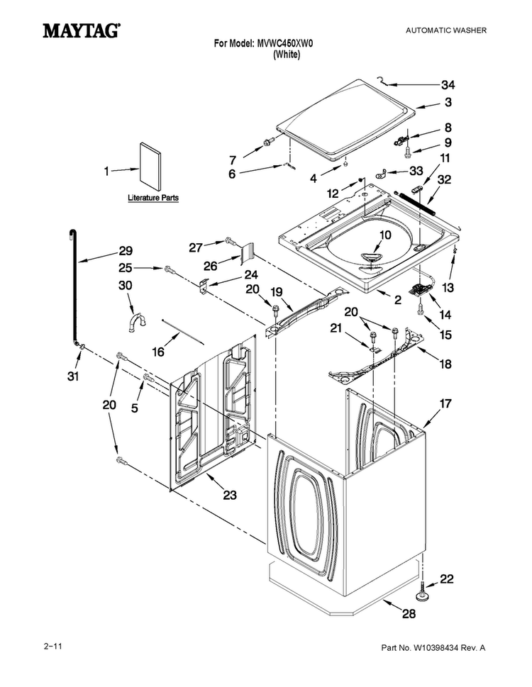 Top And Cabinet Parts Diagram and Parts List for MVWC450XW0  Maytag Washer