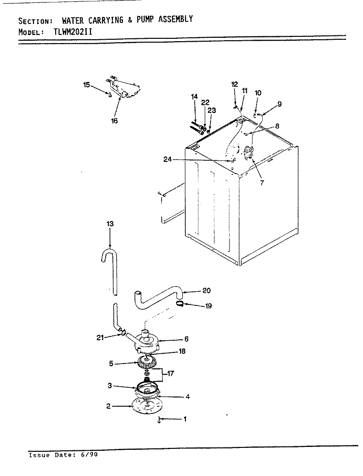 WATER CARRYING & PUMP ASSEMBLY Diagram and Parts List for TLWM202IIA  Norge Washer