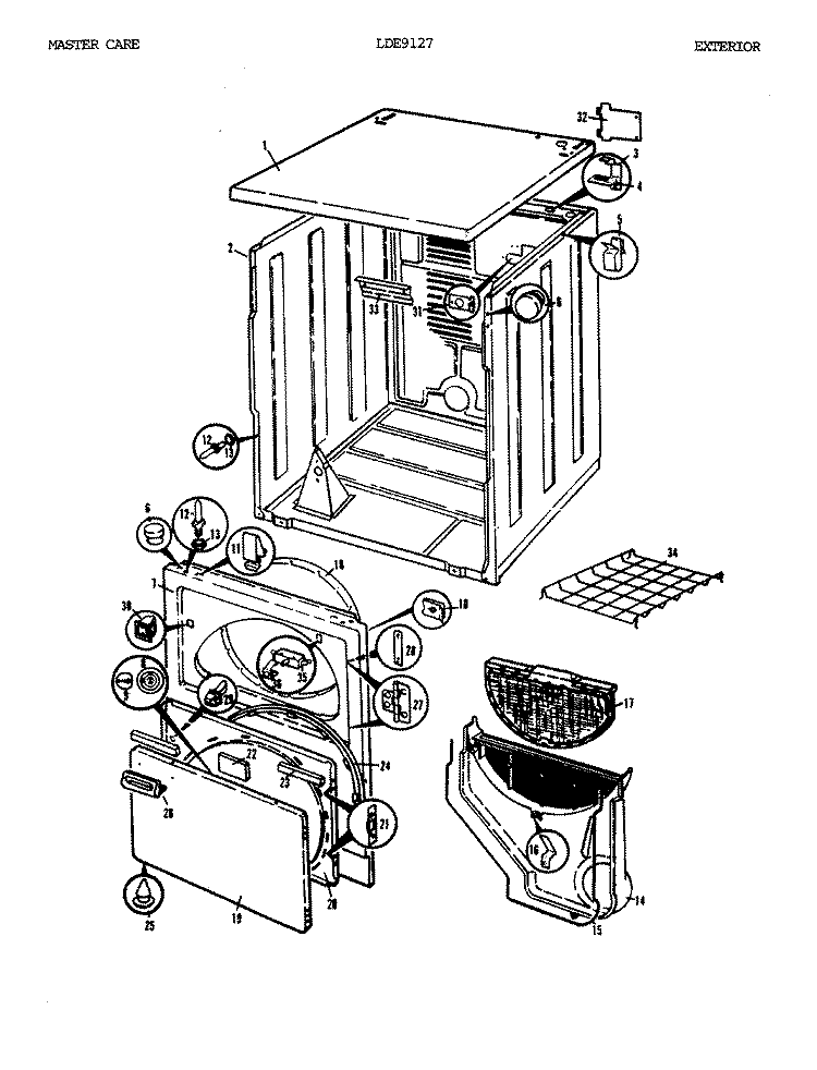 EXTERIOR Diagram and Parts List for LDE9127W  Norge Dryer