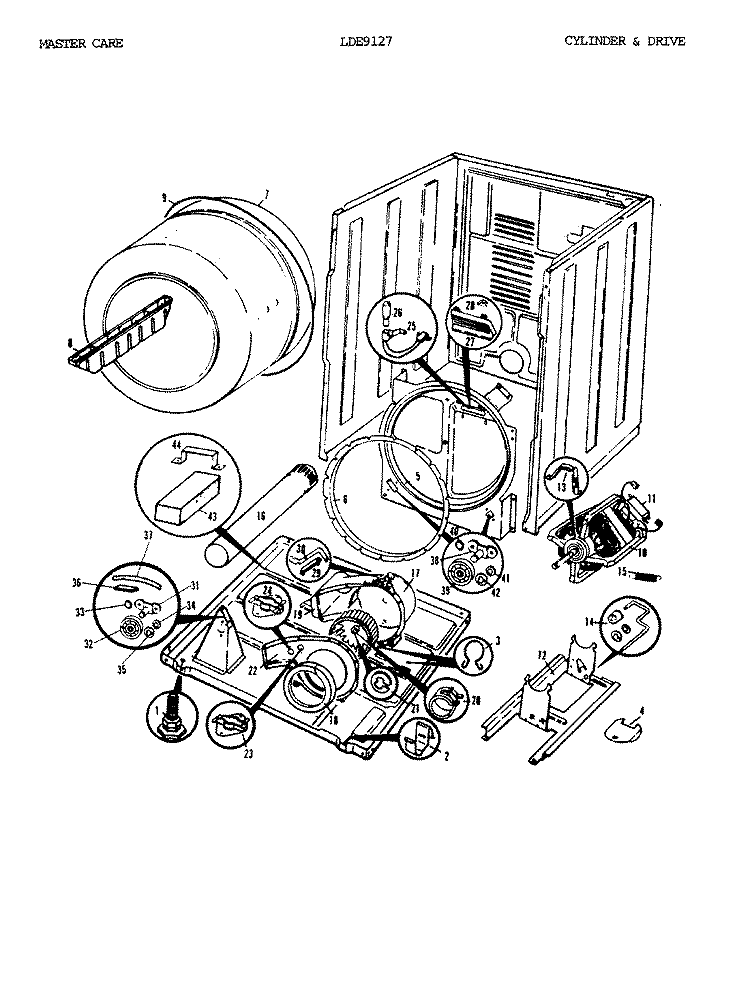 CYLINDER & DRIVE Diagram and Parts List for LDE9127H  Norge Dryer